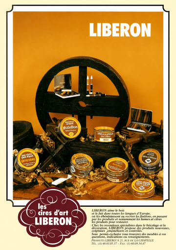 Affiche vintage Libéron présentant les cires d’art Black Bison, avec pots de cire et outils pour bois.