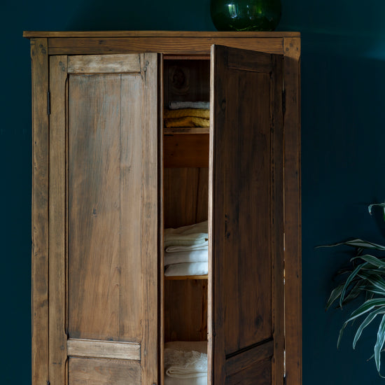 Armoire cirée avec La Crème de Cire teinte Noyer Fumé Libéron, murs bleu foncé, vase vert et plante