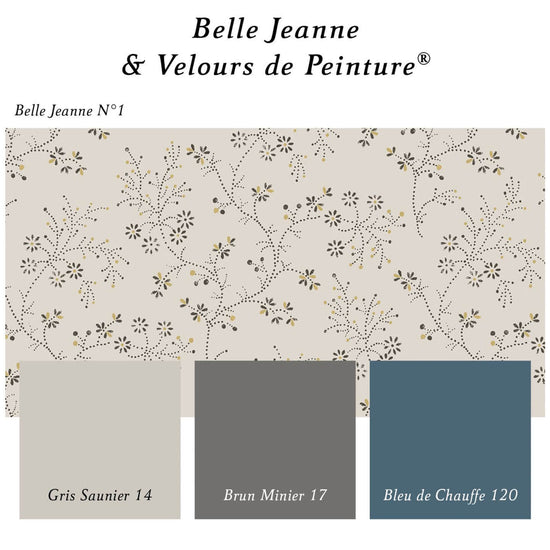 Échantillon du papier peint Libéron Velours de Papier motif Belle Jeanne N°1 associé aux teintes Gris Saunier 14, Brun Minier 17 et Bleu de Chauffe 120 de la gamme Libéron Velours de Peinture.   