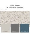 Échantillon du papier peint Libéron Velours de Papier motif Belle Jeanne N°1 associé aux teintes Gris Saunier 14, Brun Minier 17 et Bleu de Chauffe 120 de la gamme Libéron Velours de Peinture.   