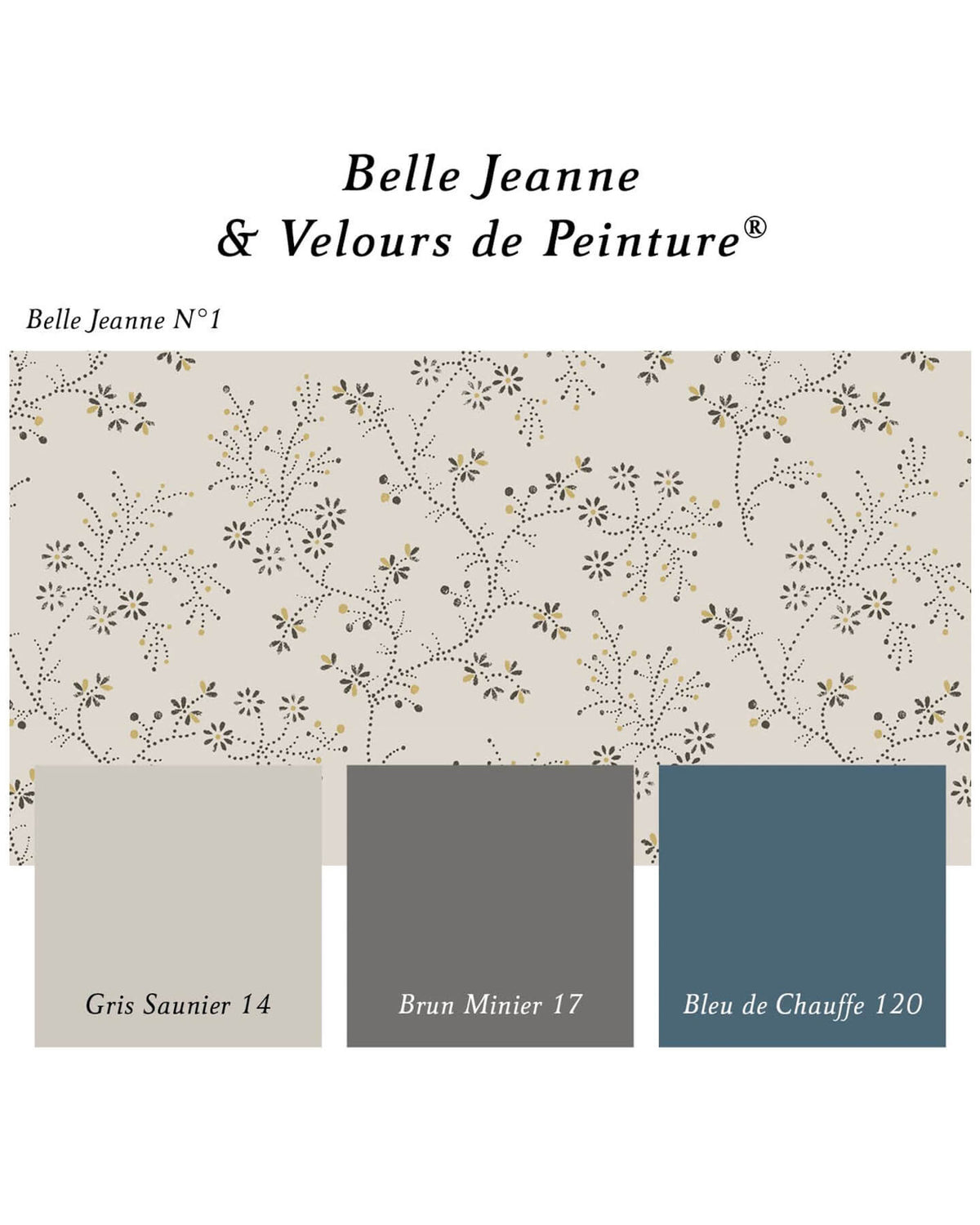 Échantillon du papier peint Libéron Velours de Papier motif Belle Jeanne N°1 associé aux teintes Gris Saunier 14, Brun Minier 17 et Bleu de Chauffe 120 de la gamme Libéron Velours de Peinture.   