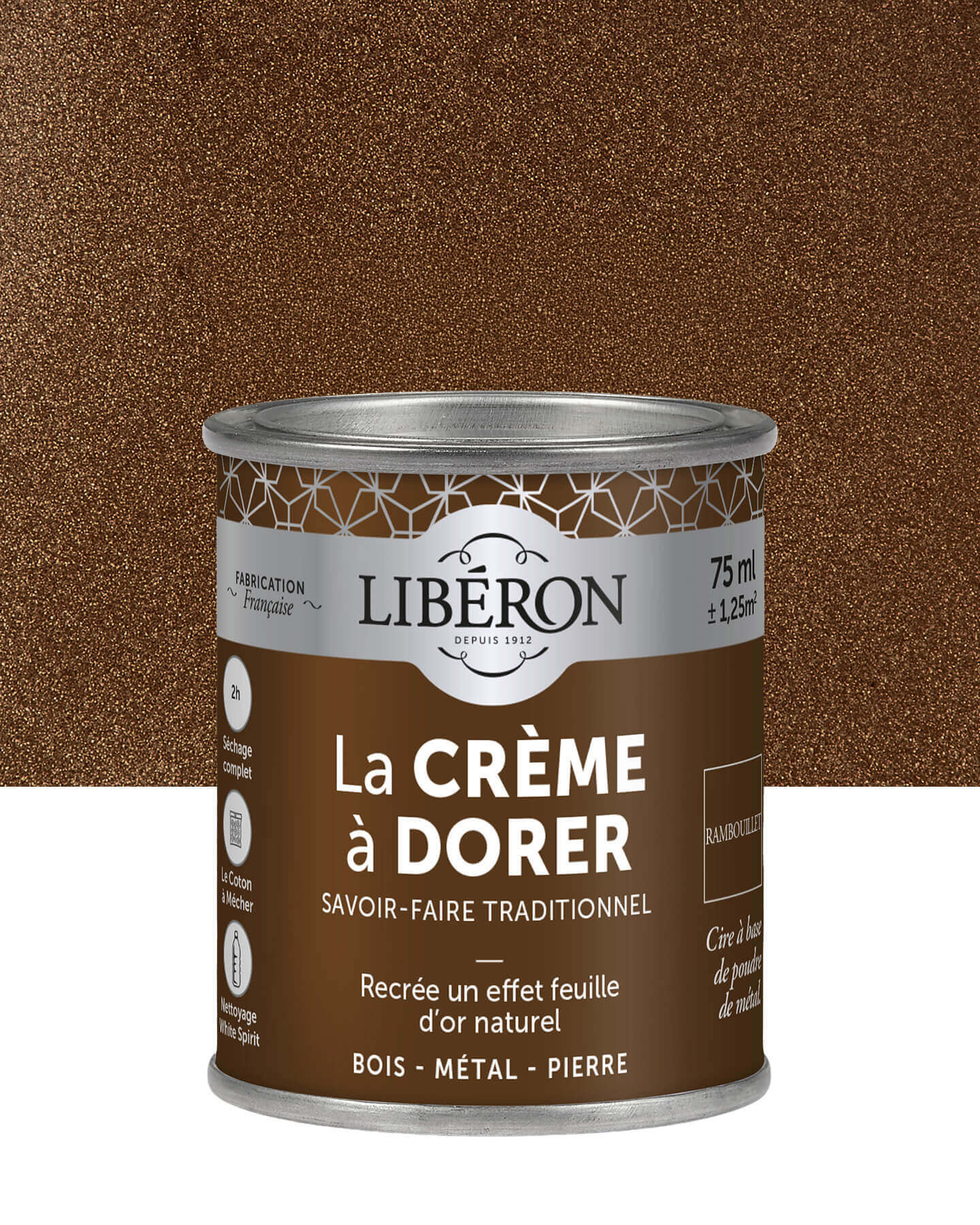 Pot de crème à dorer Libéron, teinte Rambouillet, effet feuille d’or naturel, format 75 ml.