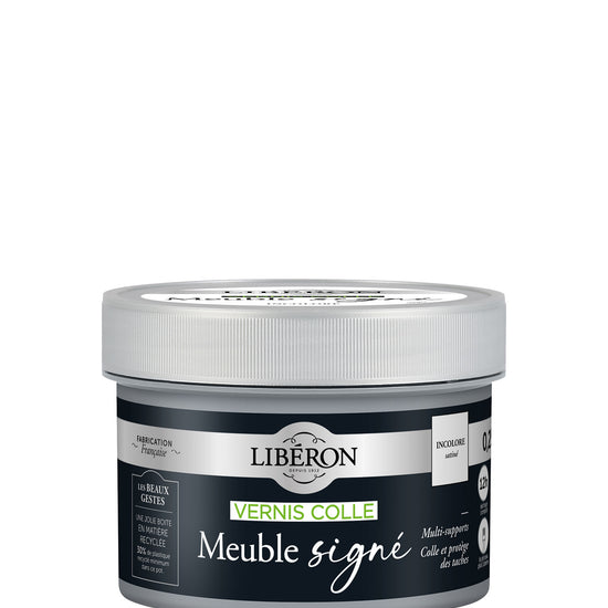 Pot de vernis colle Libéron Meuble signé, incolore, format 0,25 L.