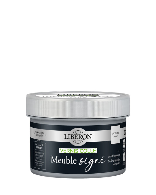 Pot de vernis colle Libéron Meuble signé, incolore, format 0,25 L.