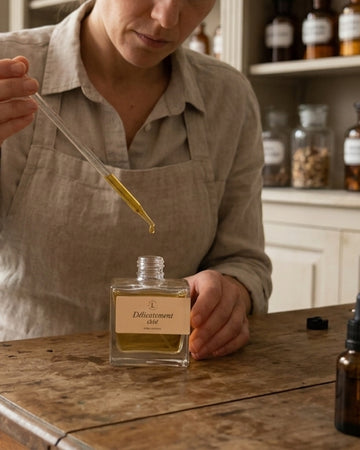 Atelier d'artisane avec une personne versant du liquide à l'aide d'une pipette en verre dans un flacon de parfum d'intérieur Libéron Délicatement Ciré posé sur une table en bois.   