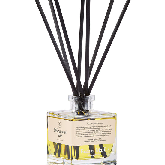 Diffuseur de parfum d’intérieur Libéron Délicatement ciré, flacon en verre avec tiges noires.