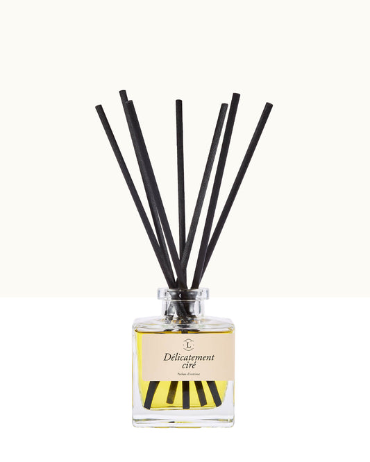 Diffuseur de parfum d’intérieur Libéron, flacon en verre avec tiges noires, senteur Délicatement cirée.