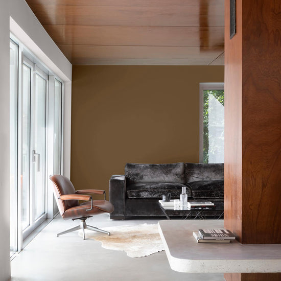 Salon aux murs blanc mousseline et brun arabique Libéron, avec plafond bois, canapé sombre et fauteuil cuir.