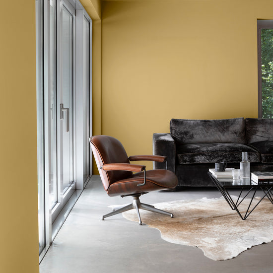 Salon aux murs jaune lumière Libéron, avec fauteuil cuir, canapé sombre, baie vitrée et plafond brun.