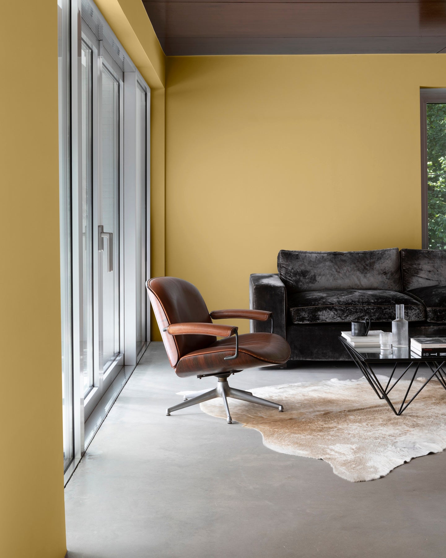 Salon aux murs jaune lumière Libéron, avec fauteuil cuir, canapé sombre, baie vitrée et plafond brun.
