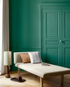 Salon aux murs Vert Émeraude Libéron, avec méridienne écrue, portes assorties, coussins terracotta et parquet clair.
