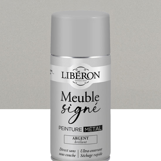 Pot de peinture meuble aérosol Libéron Meuble Signé, teinte Argent Brillant aspect Métal