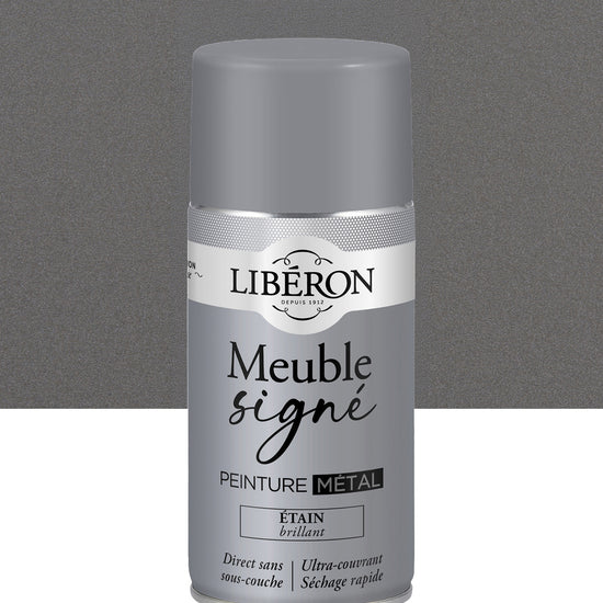 Pot de peinture meuble aérosol Libéron Meuble Signé, teinte Étain Brillant aspect Métal