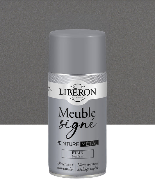 Pot de peinture meuble aérosol Libéron Meuble Signé, teinte Étain Brillant aspect Métal