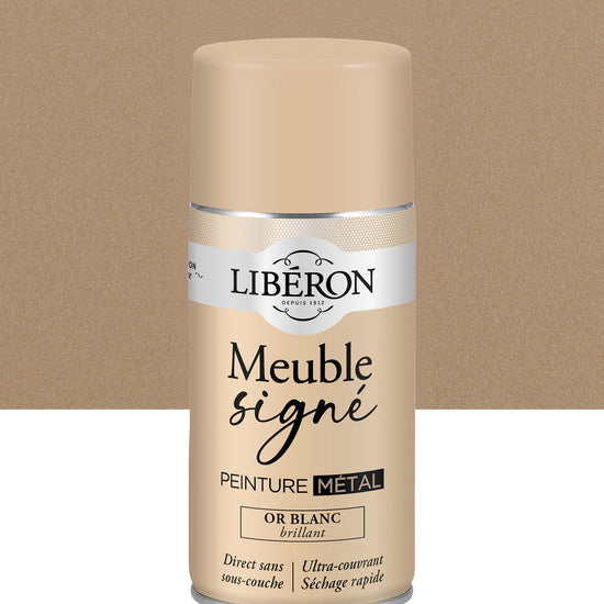 Pot de peinture meuble aérosol Libéron Meuble Signé, teinte or Blanc Brillant aspect Métal