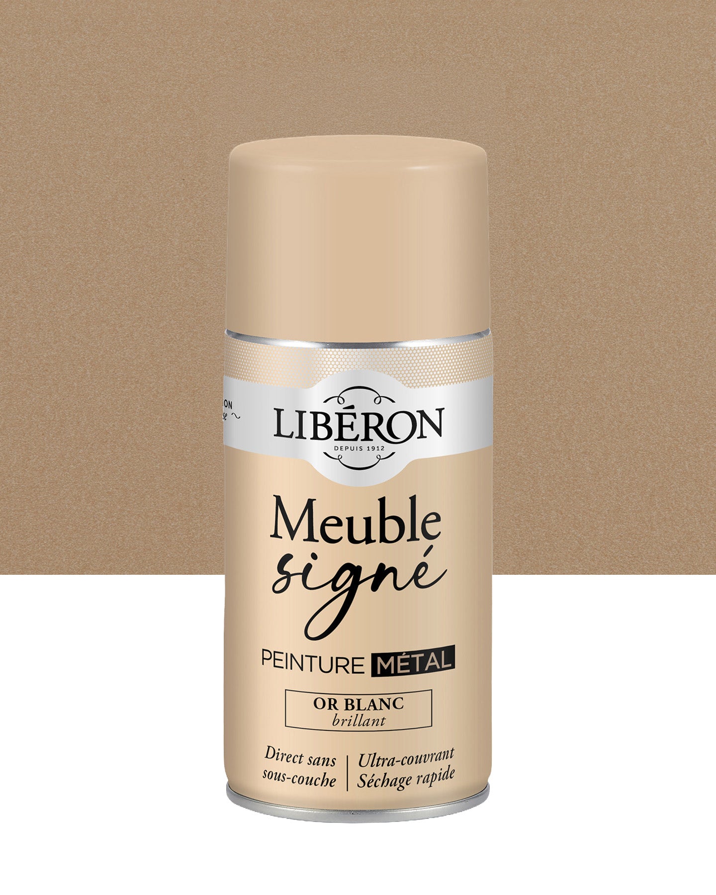 Pot de peinture meuble aérosol Libéron Meuble Signé, teinte or Blanc Brillant aspect Métal