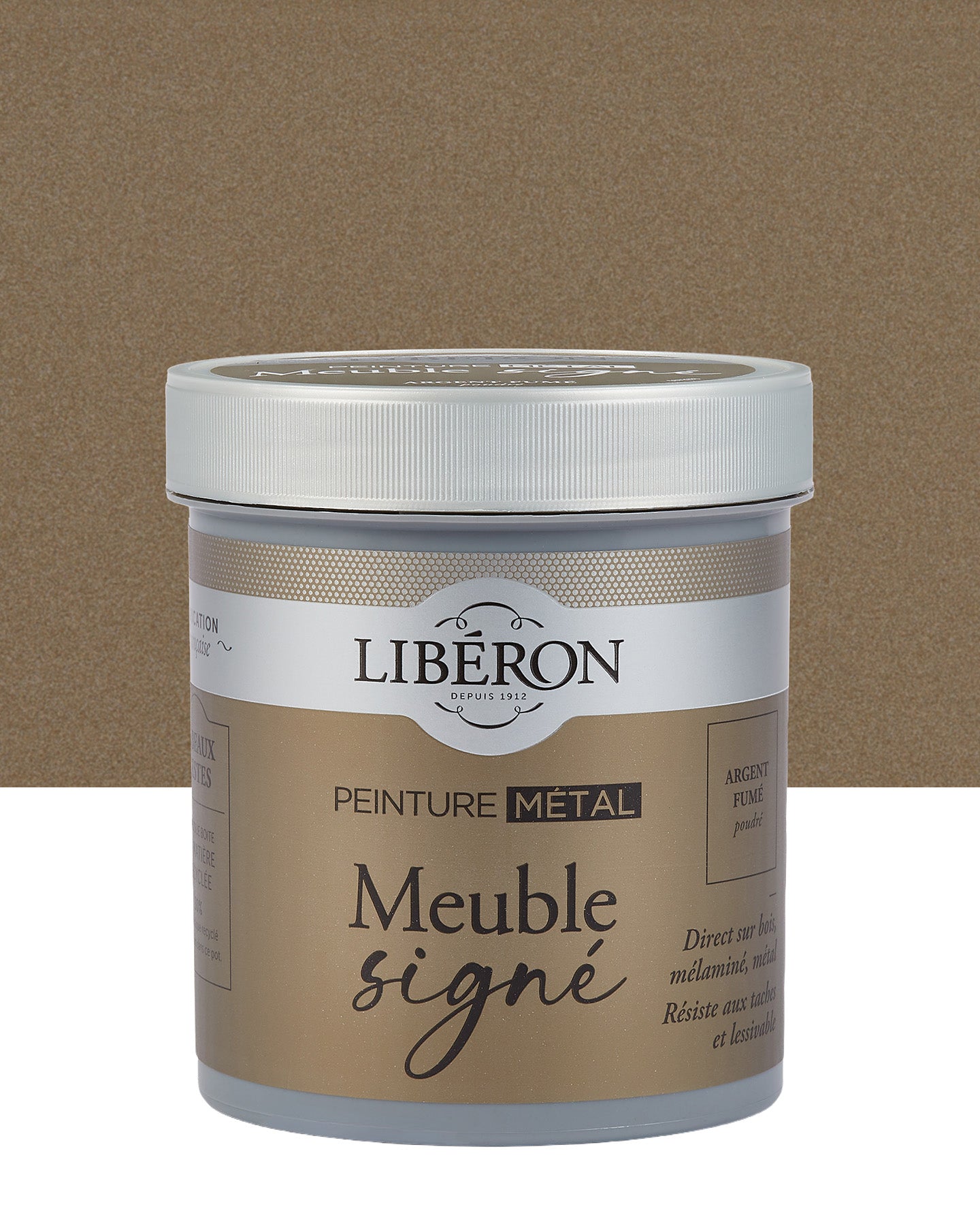 Pot de peinture meuble Libéron Meuble Signé, teinte Argent Fumé Poudré aspect Métal