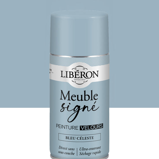 Pot de peinture meuble aérosol Libéron Meuble Signé, teinte Bleu Céleste aspect Velours