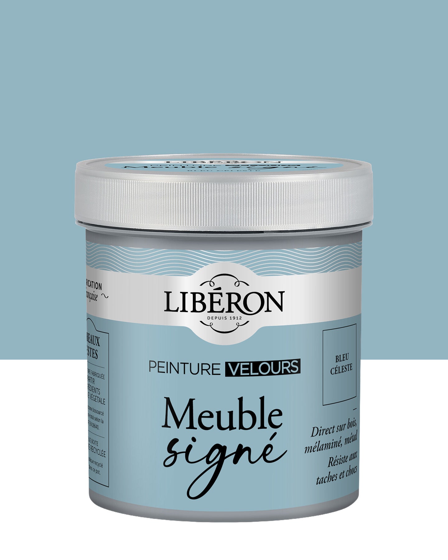 Pot de peinture meuble Libéron Meuble Signé, teinte Bleu Céleste aspect Velours