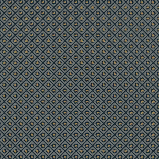 Papier peint Libéron Maître Domino n°3, motif géométrique bleu grisé à petites fleurs répétées.