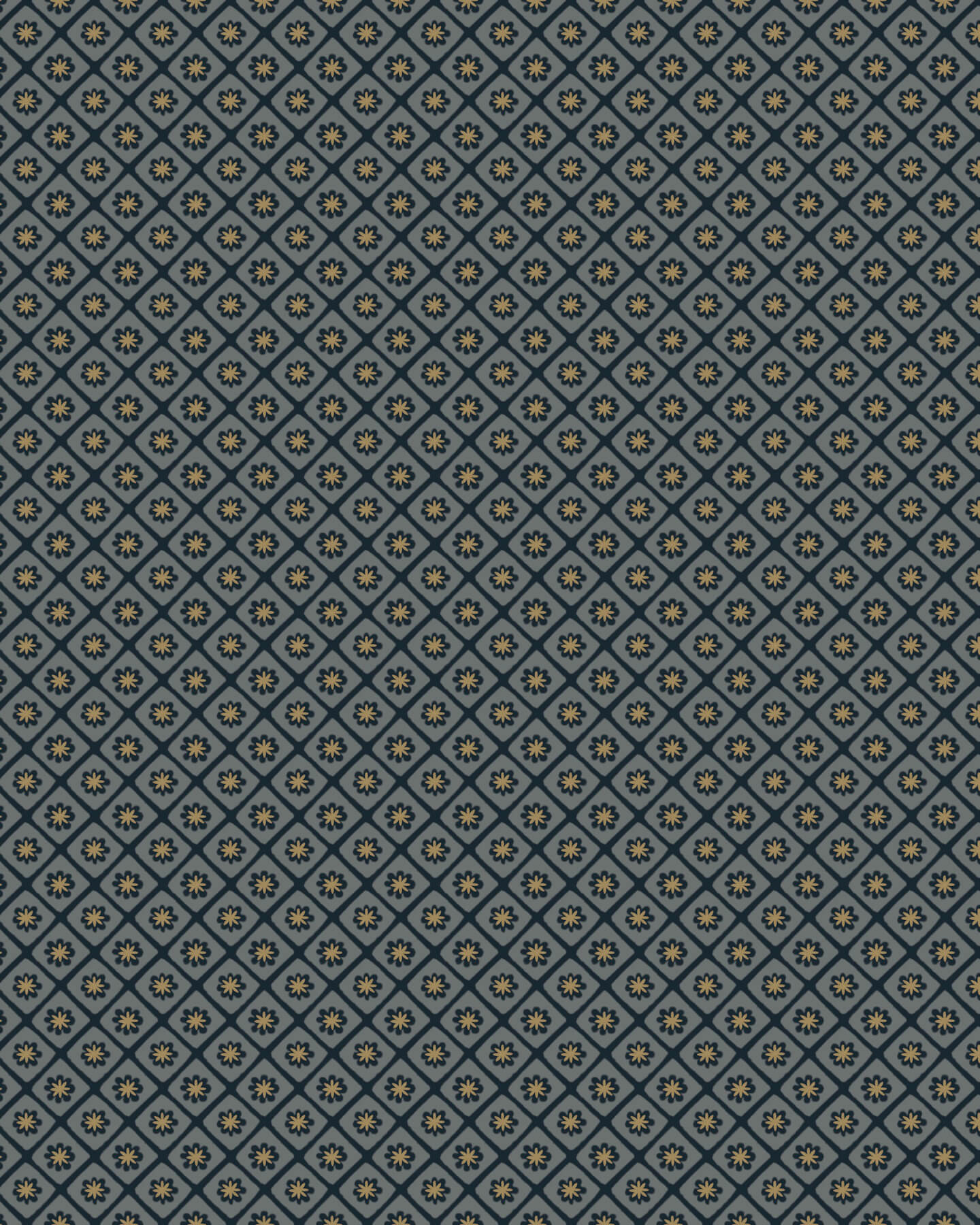 Papier peint Libéron Maître Domino n°3, motif géométrique bleu grisé à petites fleurs répétées.