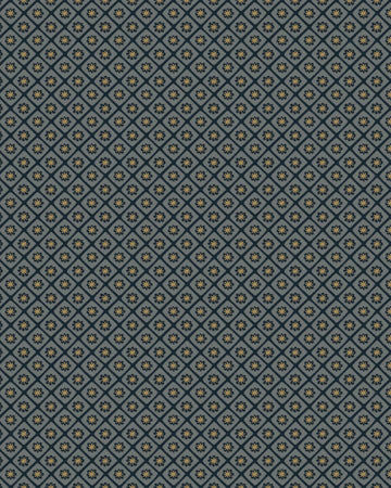 Papier peint Libéron Maître Domino n°3, motif géométrique bleu grisé à petites fleurs répétées.