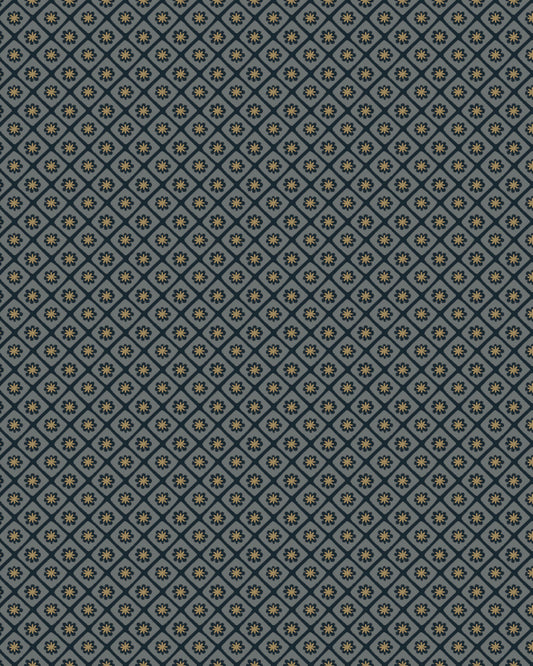 Papier peint Libéron Maître Domino n°3, motif géométrique bleu grisé à petites fleurs répétées.