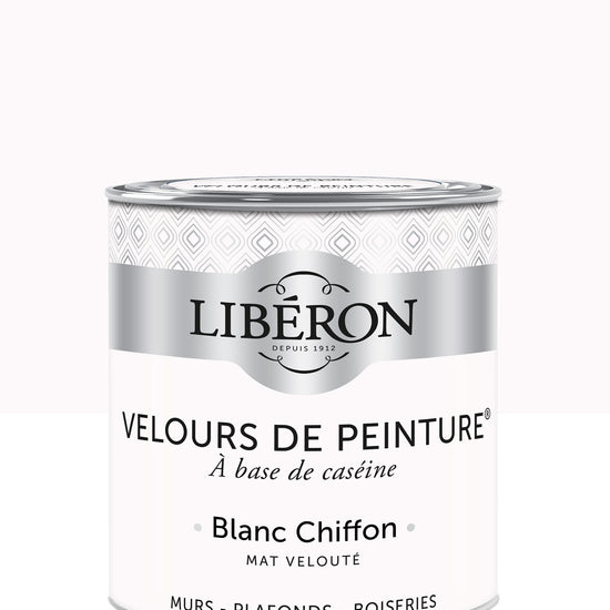 Pot de peinture murs Libéron Velours de Peinture, teinte Blanc Chiffon, finition mate veloutée.