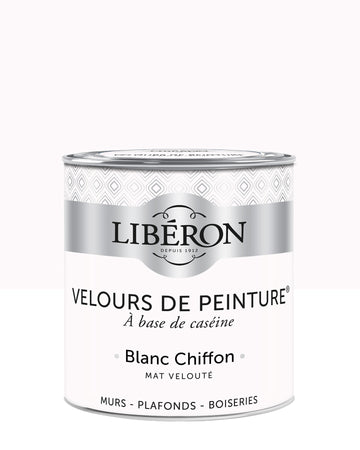 Pot de peinture murs Libéron Velours de Peinture, teinte Blanc Chiffon, finition mate veloutée.