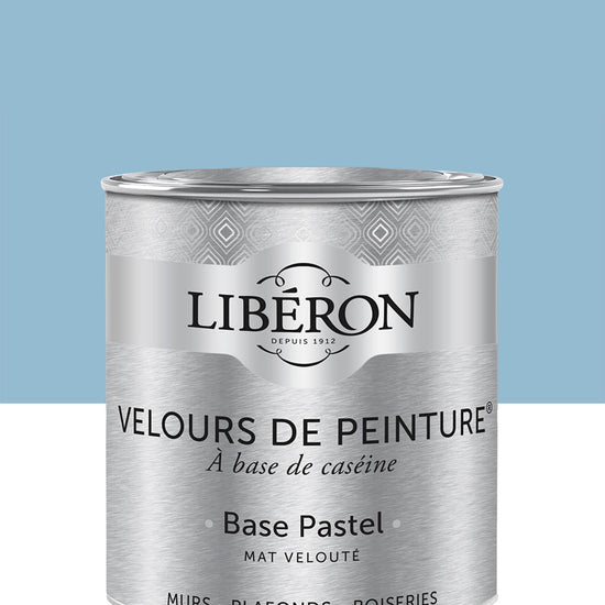 Pot de peinture murs Libéron Velours de Peinture, teinte Bleu Charrette, finition mate veloutée.