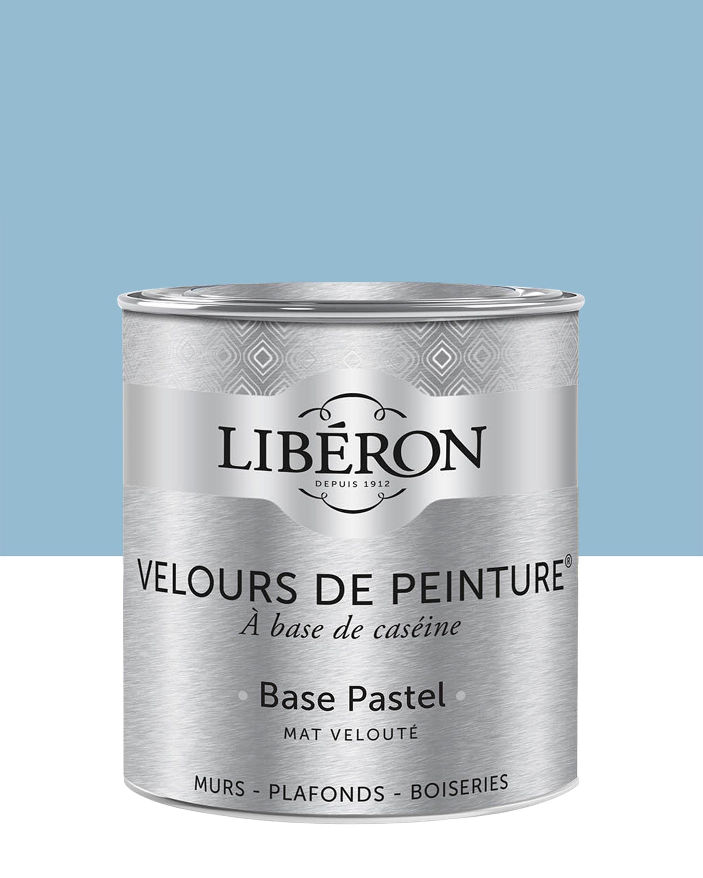 Pot de peinture murs Libéron Velours de Peinture, teinte Bleu Charrette, finition mate veloutée.