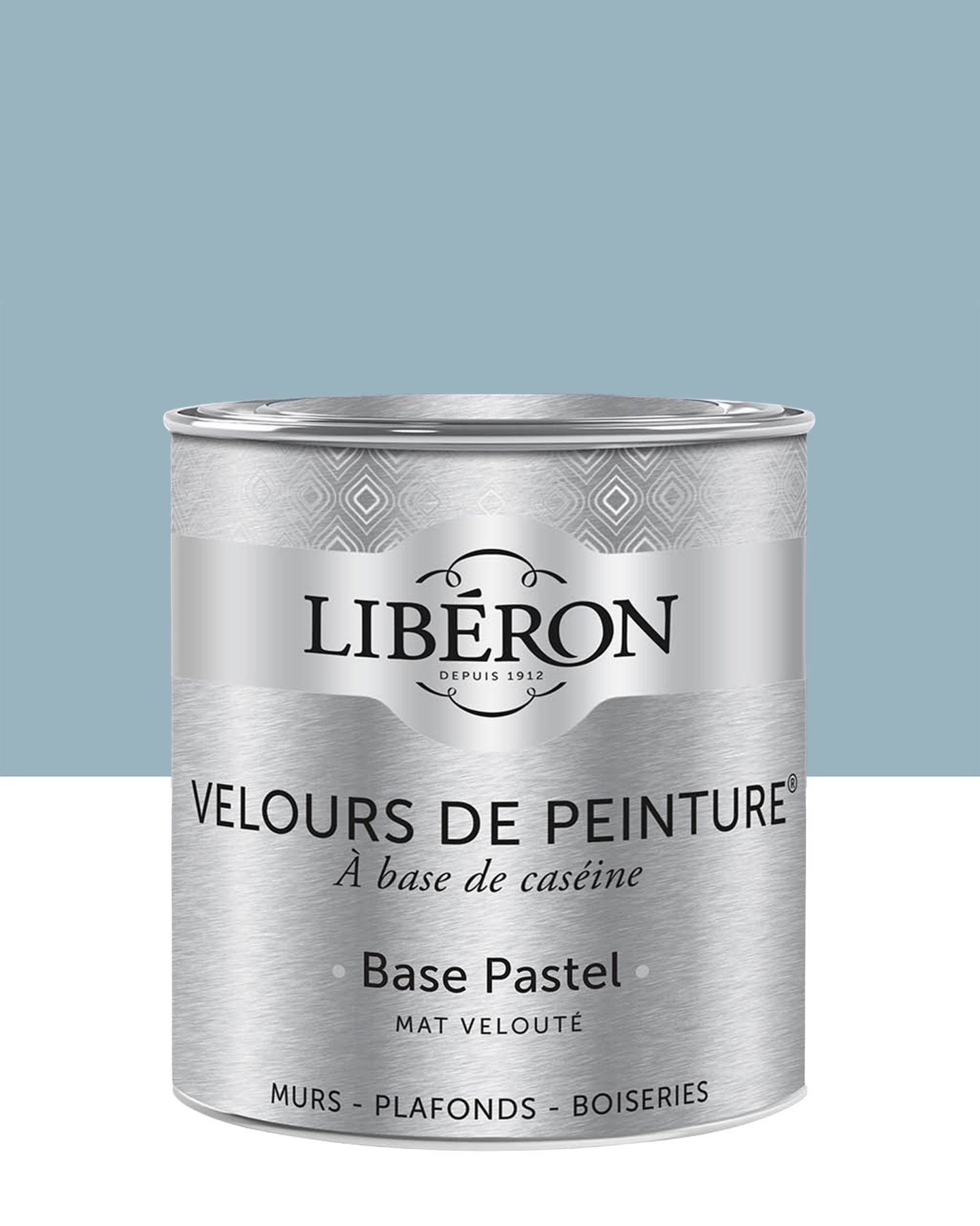 Pot de peinture murs Libéron Velours de Peinture, teinte Bleu Horizon, finition mate veloutée.