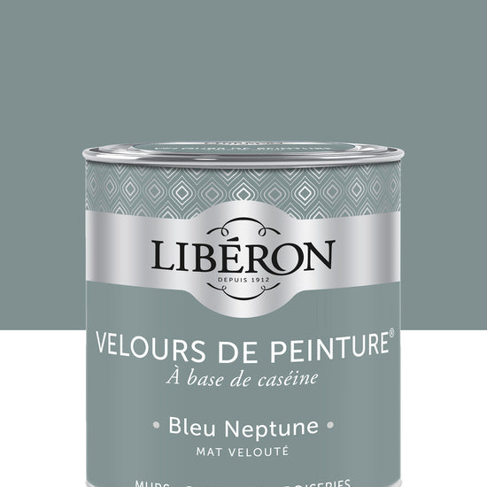 Pot de peinture murs Libéron Velours de Peinture, teinte Bleu Neptune, finition mate veloutée.