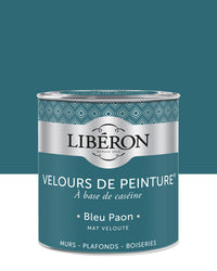 Pot de peinture murs Libéron Velours de Peinture, teinte Bleu Paon, finition mate veloutée.