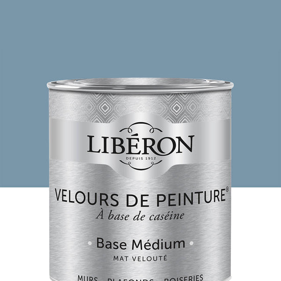 Pot de peinture murs Libéron Velours de Peinture, teinte Bleu de Nîmes, finition mate veloutée.