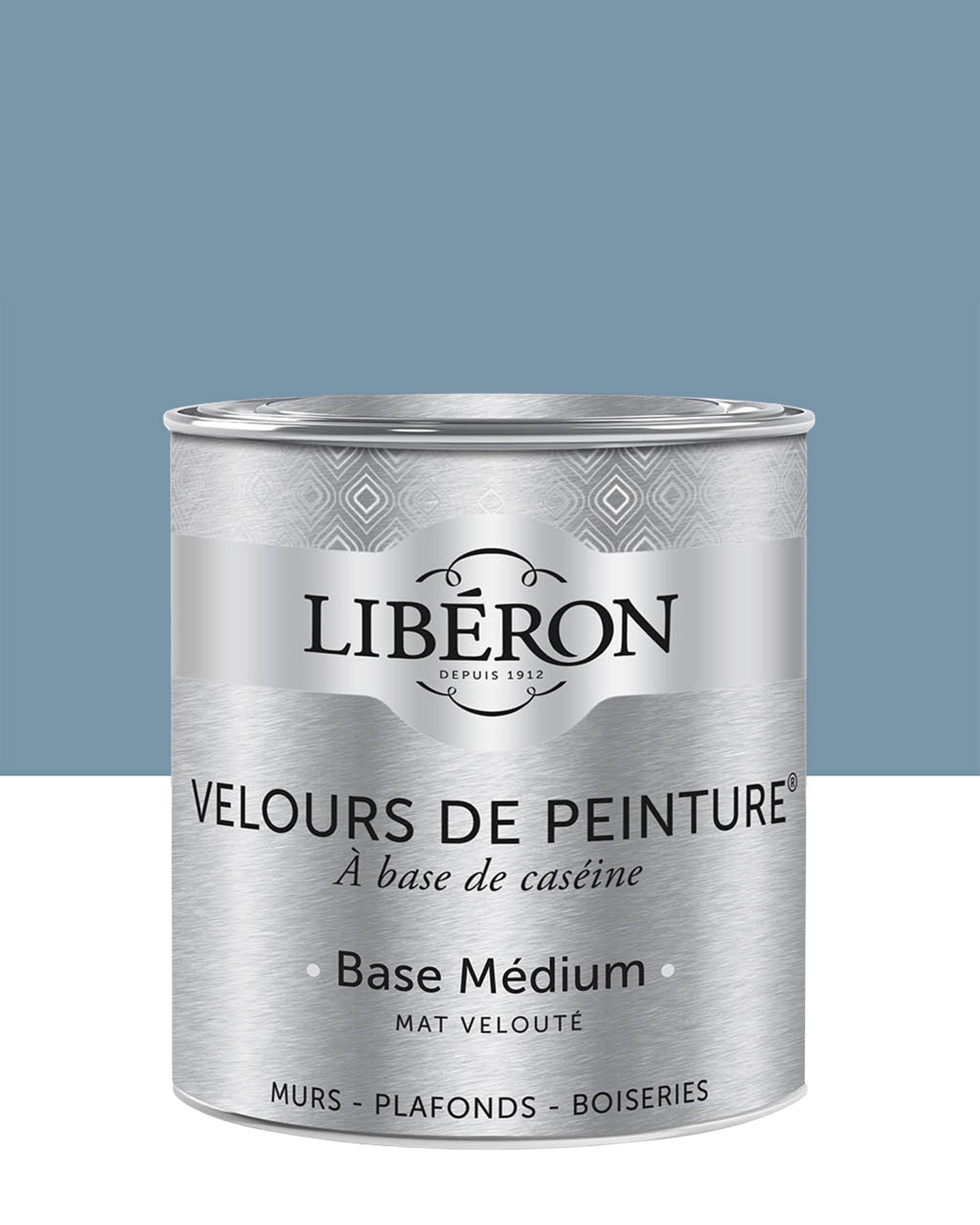 Pot de peinture murs Libéron Velours de Peinture, teinte Bleu de Nîmes, finition mate veloutée.