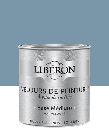 Pot de peinture murs Libéron Velours de Peinture, teinte Bleu de Nîmes, finition mate veloutée.