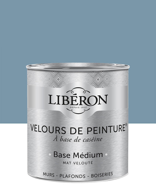 Pot de peinture murs Libéron Velours de Peinture, teinte Bleu de Nîmes, finition mate veloutée.