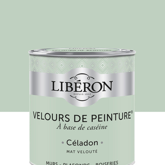 Pot de peinture murs Libéron Velours de Peinture, teinte Céladon, finition mate veloutée.