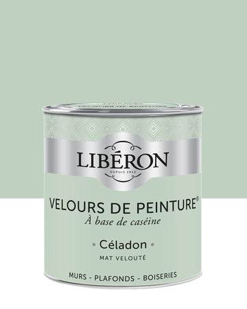Pot de peinture murs Libéron Velours de Peinture, teinte Céladon, finition mate veloutée.