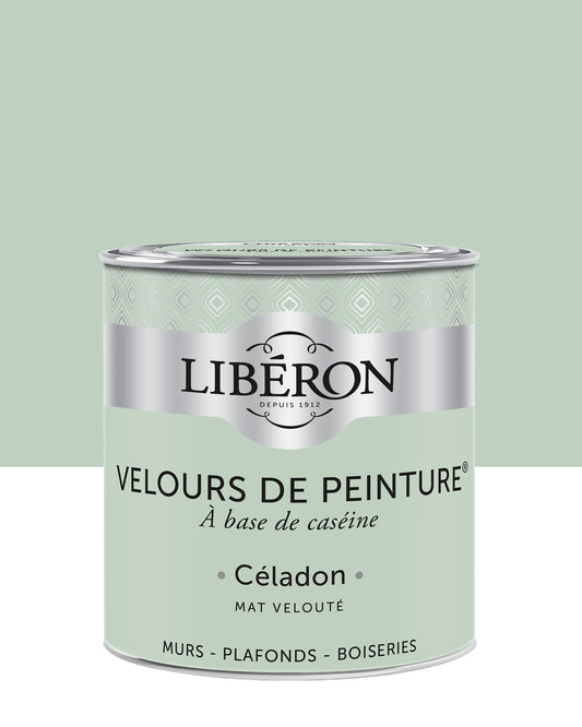 Pot de peinture murs Libéron Velours de Peinture, teinte Céladon, finition mate veloutée.