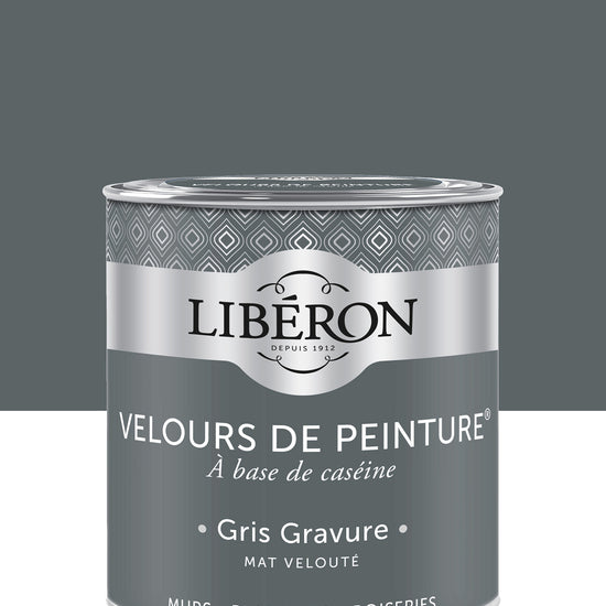 Pot de peinture murs Libéron Velours de Peinture, teinte Gris Gravure, finition mate veloutée.