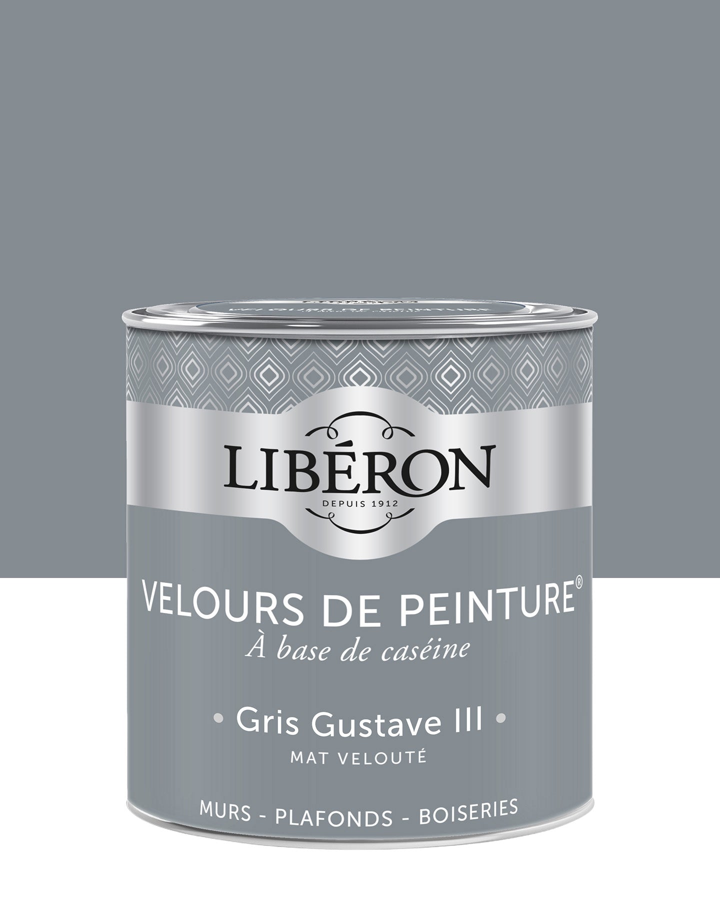 Pot de peinture murs Libéron Velours de Peinture, teinte Gris Gustave III, finition mate veloutée.
