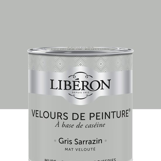 Pot de peinture murs Libéron Velours de Peinture, teinte Gris Sarrazin, finition mate veloutée.