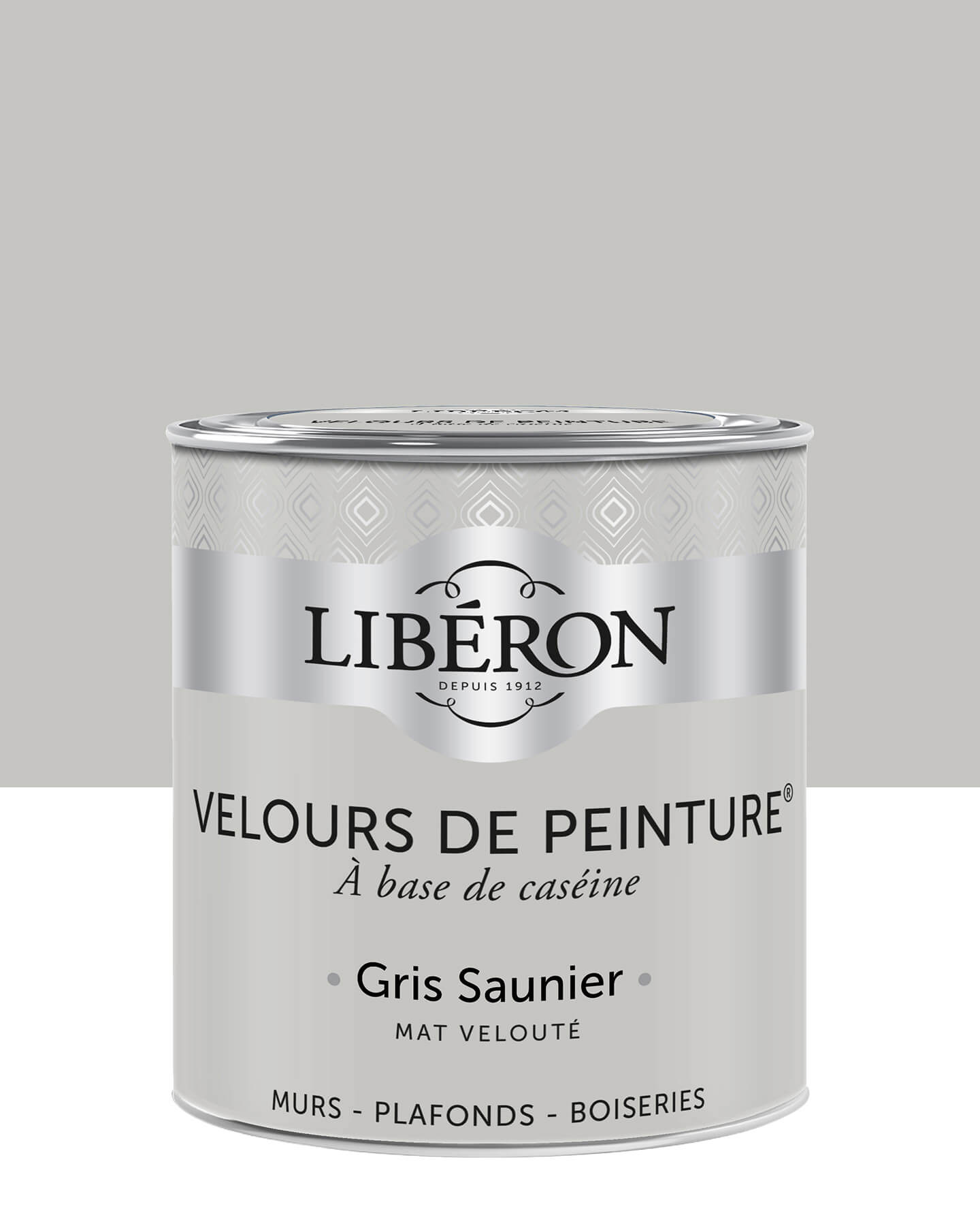 Pot de peinture murs Libéron Velours de Peinture, teinte Gris Saunier, finition mate veloutée.
