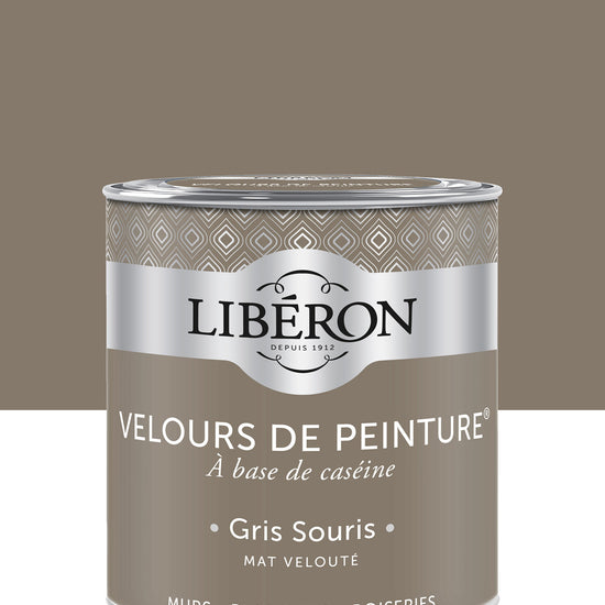 Pot de peinture murs Libéron Velours de Peinture, teinte Gris Souris, finition mate veloutée.