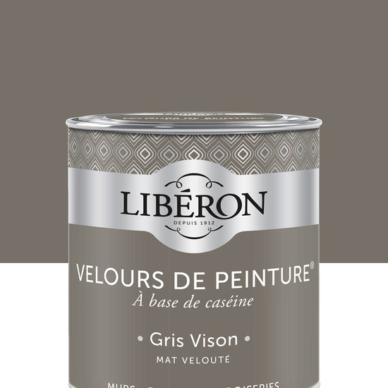 Pot de peinture murs Libéron Velours de Peinture, teinte Gris Vison, finition mate veloutée.