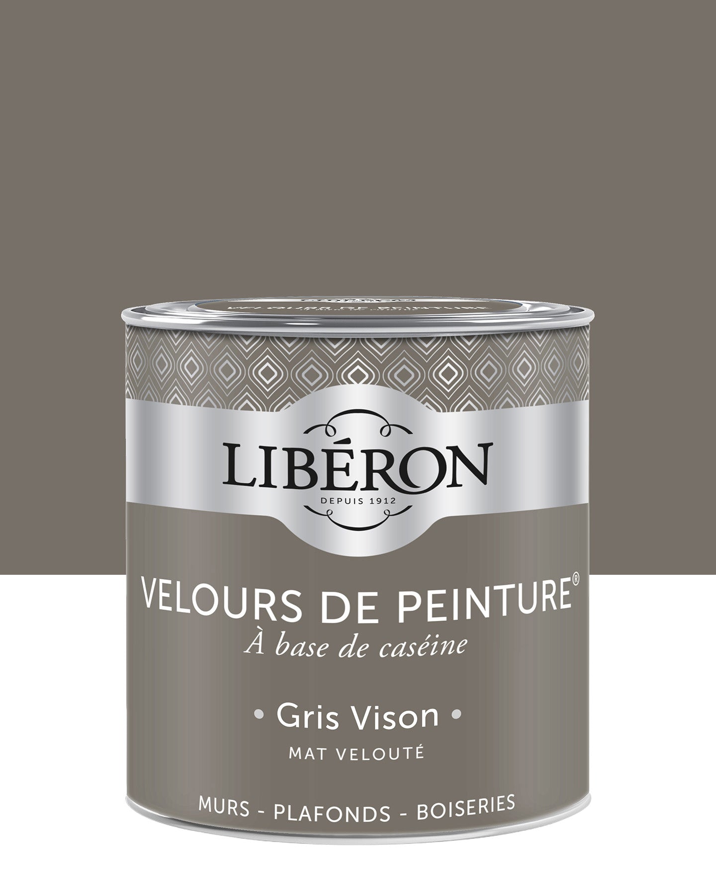 Pot de peinture murs Libéron Velours de Peinture, teinte Gris Vison, finition mate veloutée.