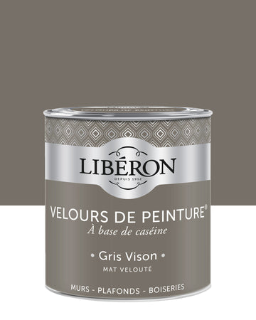 Pot de peinture murs Libéron Velours de Peinture, teinte Gris Vison, finition mate veloutée.
