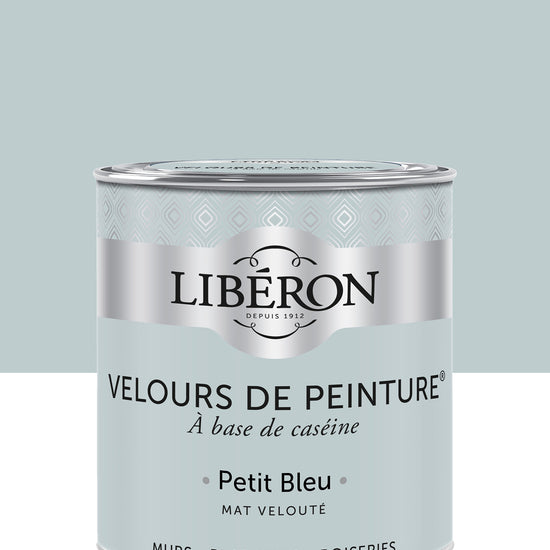 Pot de peinture murs Libéron Velours de Peinture, teinte Petit Bleu, finition mate veloutée.